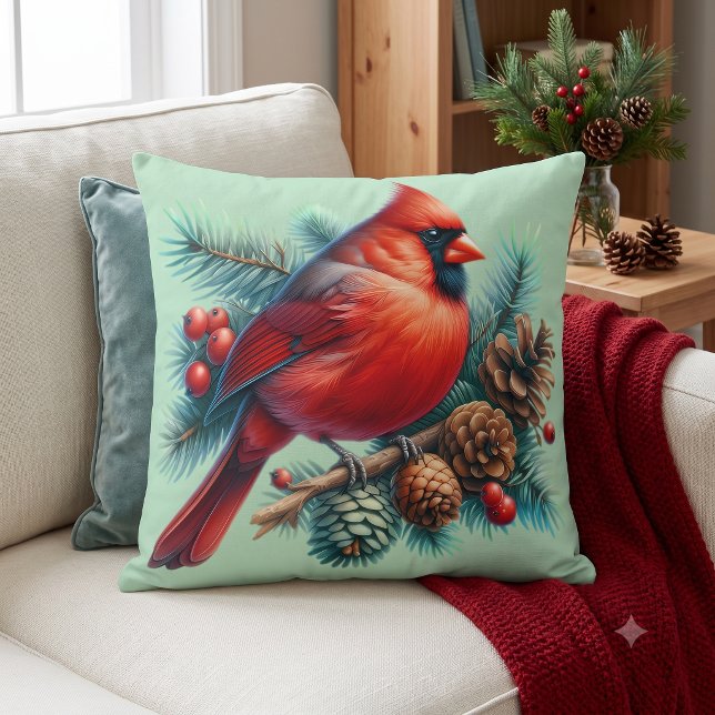 Almofada Cardinal em Galho de Pinheiro com Frutas de Invern (Cardinal on Pine Branch with Winter Berries Throw Pillow)