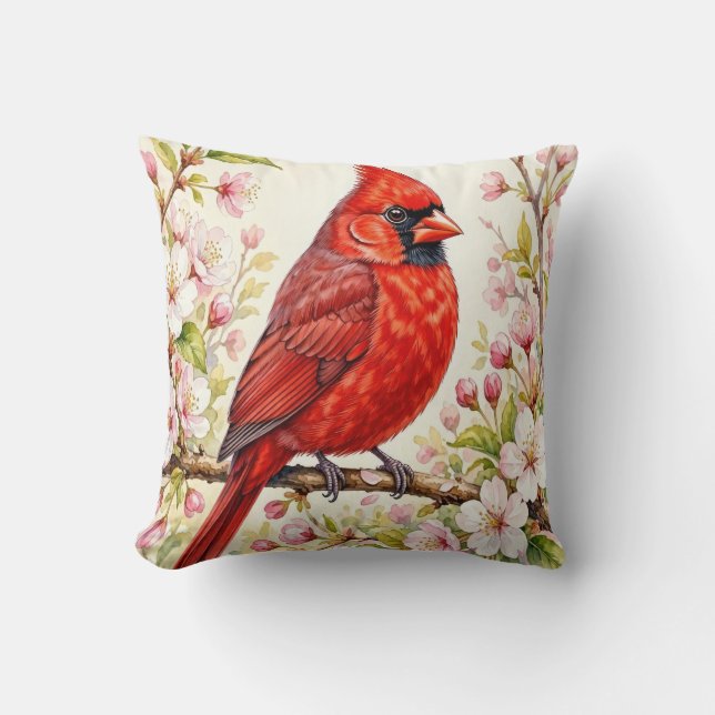 Almofada Cardinal vermelho com flores (Frente)