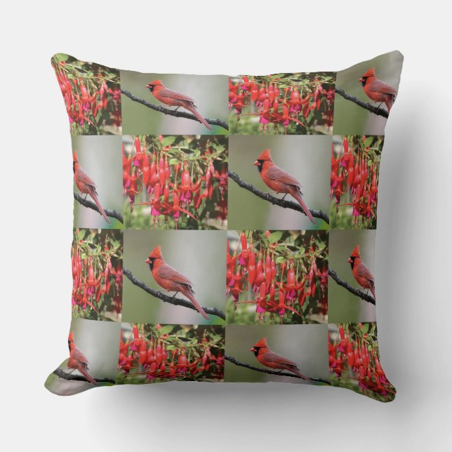 Almofada Cardinal Vermelho e Padrão Fúcsia Caprichosos (Frente)