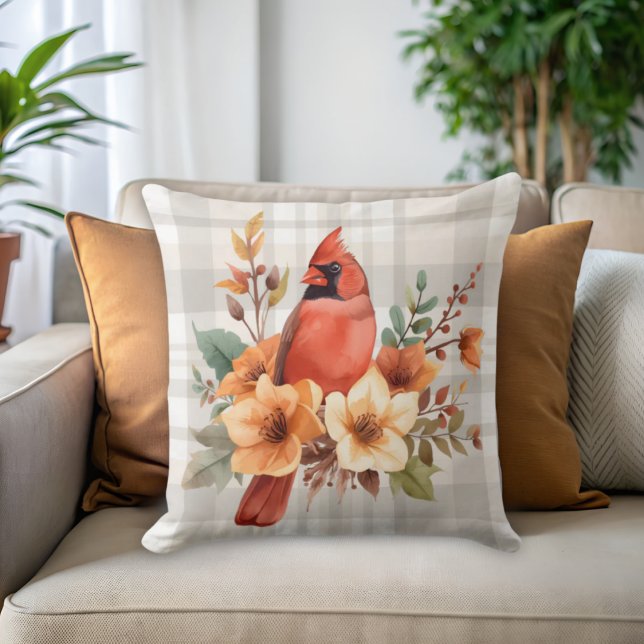Almofada Cardinho de Aquarela com Flores de Queda e Xadrez (Cardinal floral and plaid throw pillow)