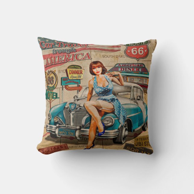 Almofada Carro viagem através do poster vintage americano.  (Frente)