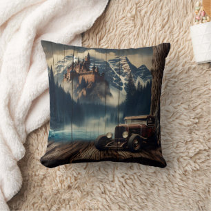 Almofada Carro vintage perto do Castelo e Montanhas Snowy