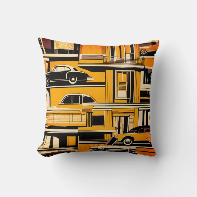 Almofada Carros Geométricos Mostarda Retro Meados do Século (Frente)