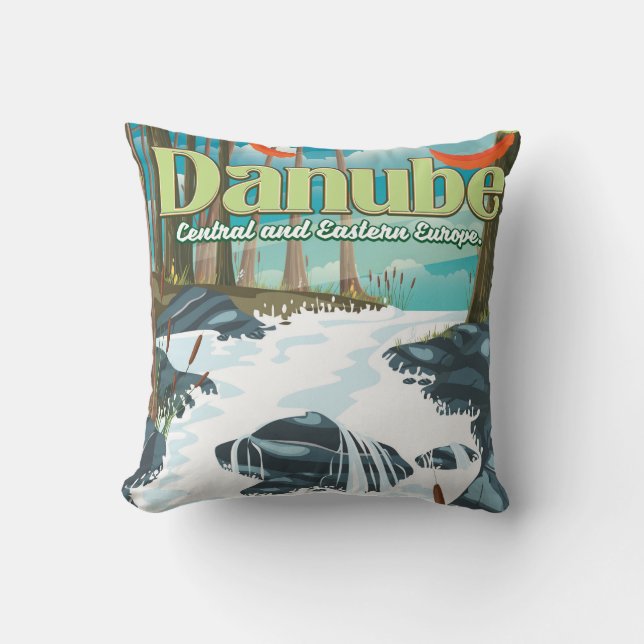 Almofada cartaz de viagem ao rio europeu Danúbio (Frente)
