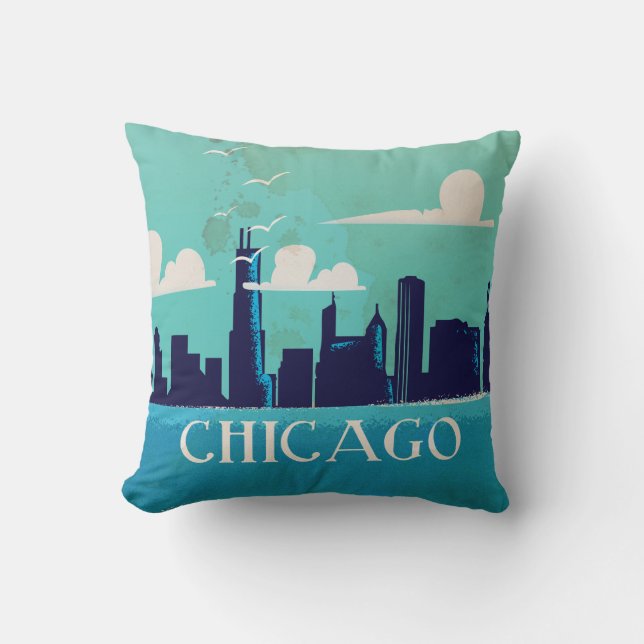 Almofada Cartaz de viagem vintage de Chicago (Frente)