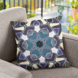 Almofada Cartografia Mandala Flor Azul Roxo Preto e Branco