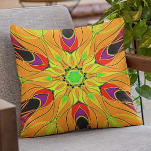 Almofada Cartografia Mandala Flor Laranja Verde e Vermelho