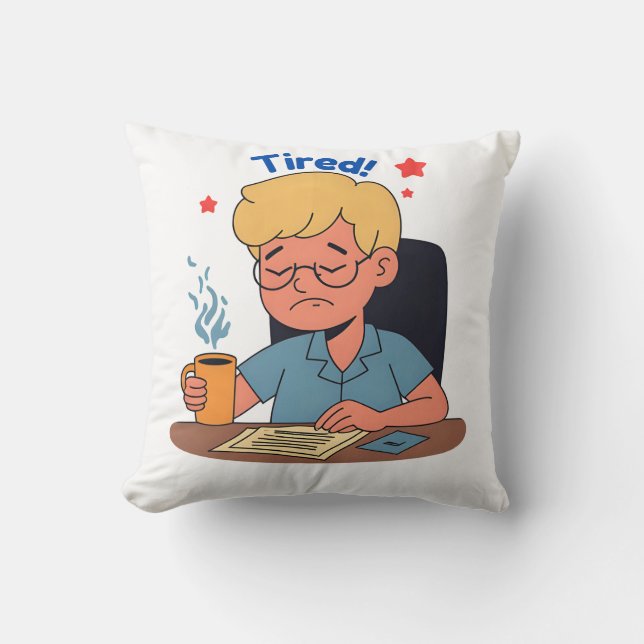 Almofada Cartoon do Office Worker Cansado - Café e Trabalho (Frente)