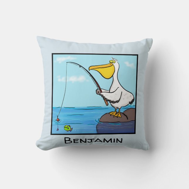 Almofada Cartoon pelicano de pesca feliz (Frente)