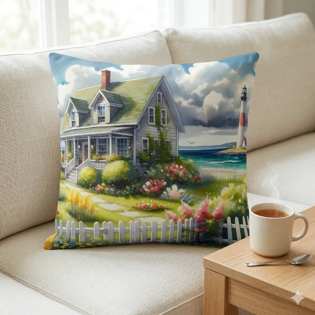 Almofada Casa com Vista para o Farol (Cottage With View Of The Lighthouse Throw Pillow Mockup A)