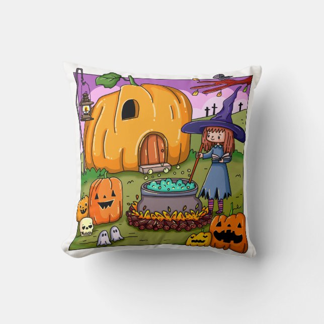 Almofada Casa de Abóbora de Bruxa de Halloween (Frente)