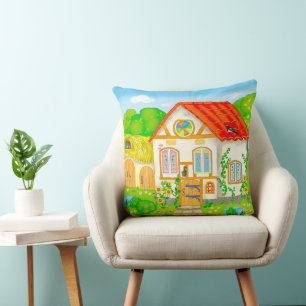 Almofada casa de desenho de conto de fadas com telhado verm