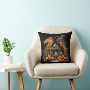 Almofada Casa de Halloween com Pumpkins e Folhagem