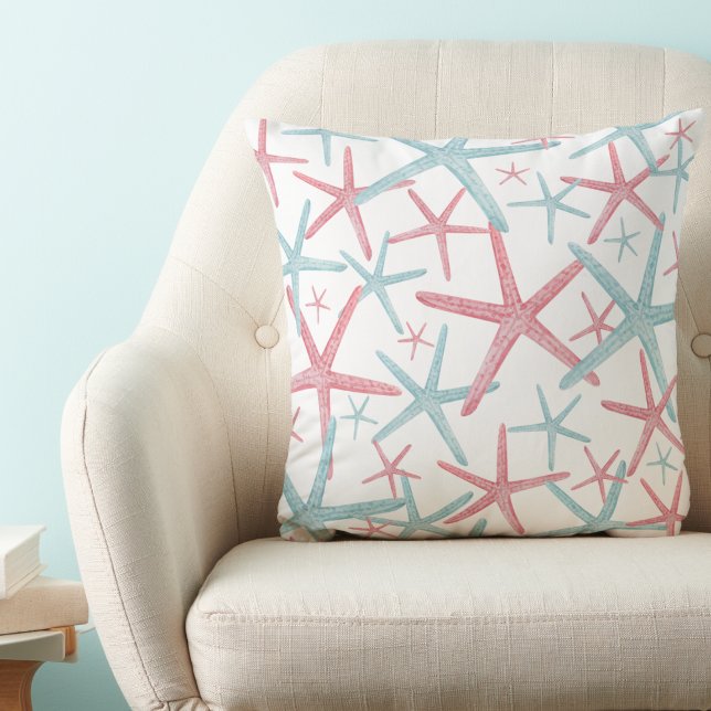 Almofada Casa de Padrões Náuticos (Teal Pink Nautical Starfish Pattern Beach House Throw Pillow)