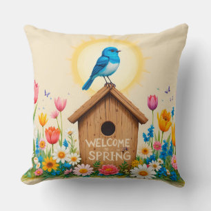 Almofada Casa de Pássaros Rústica com Flores e Inspiração n
