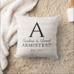 Almofada Casal de Monograma Rustic Wedding<br><div class="desc">A rustic weathered white lavou o monograma inicial e o nome e a data do casamento da madeira lavada em lavado. O script de na moda e o contraste da fonte serif dá a este design uma vibração rústica contemporânea.</div>