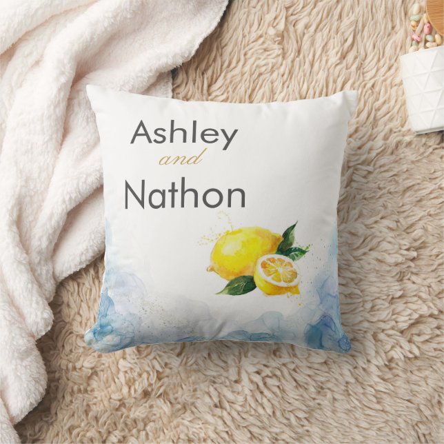 Almofada Casamento Amarelo-Azul-Limão Elegante (Cobertor)