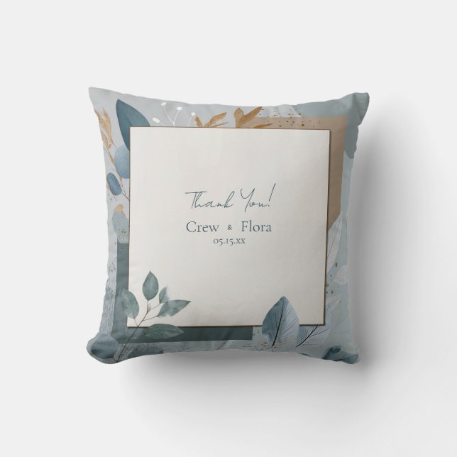 Almofada Casamento Botânico Dourado e Azul Moderno (Frente)