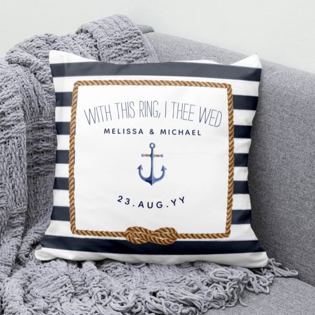 Almofada Casamento com Portador Náutico Infinito marinho e  (Nautical Wedding Ring Bearer Keepsake Pillow with White and Navy Blue Stripes and Infinity Love Knot)