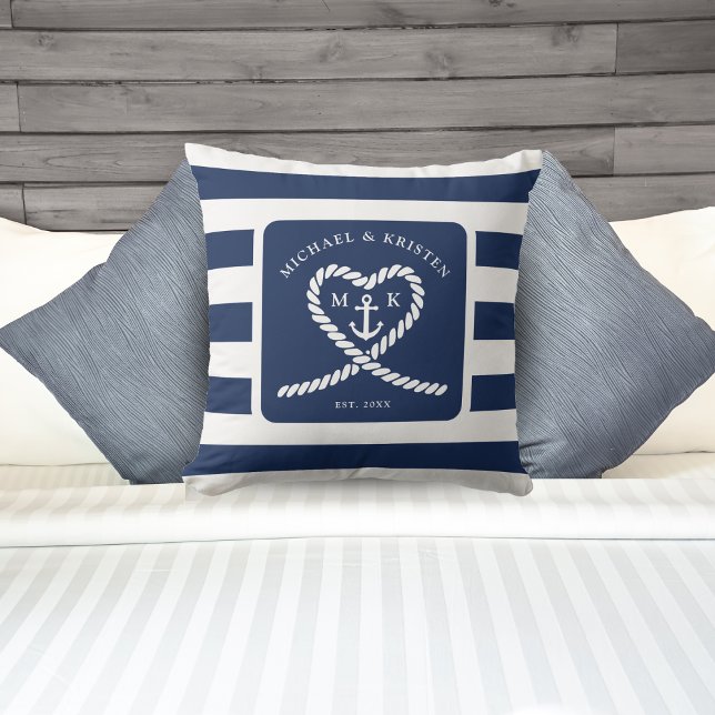 Almofada Casamento de Âncora Náutica Blue Striped Heart (Nautical Blue Striped Heart Anchor Wedding Throw Pillow)