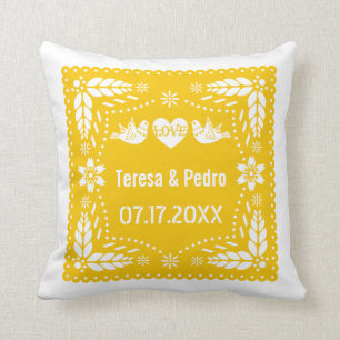 Almofada Casamento de aves do papel picado amarelo 