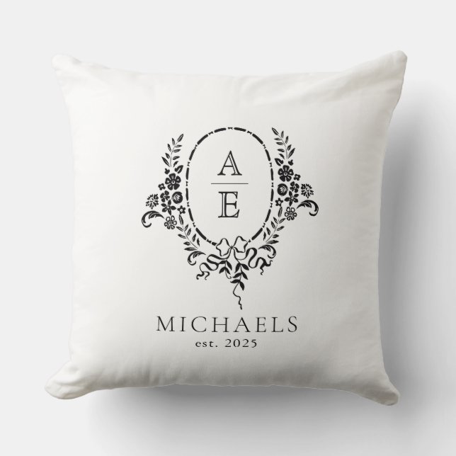Almofada Casamento do Monograma Floral Branco e Preto Elega (Frente)