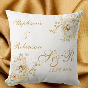 Almofada Casamento Dourado de Monograma de Cor Floral Branc