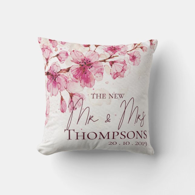 Almofada Casamento Floral Aquarela Rosa Cute Novo Sr. Sra. (Frente)