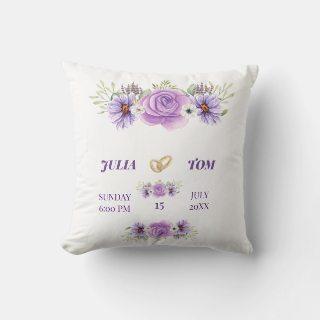 Almofada Casamento Floral de Cor de Água Púrpura Elegante (Frente)