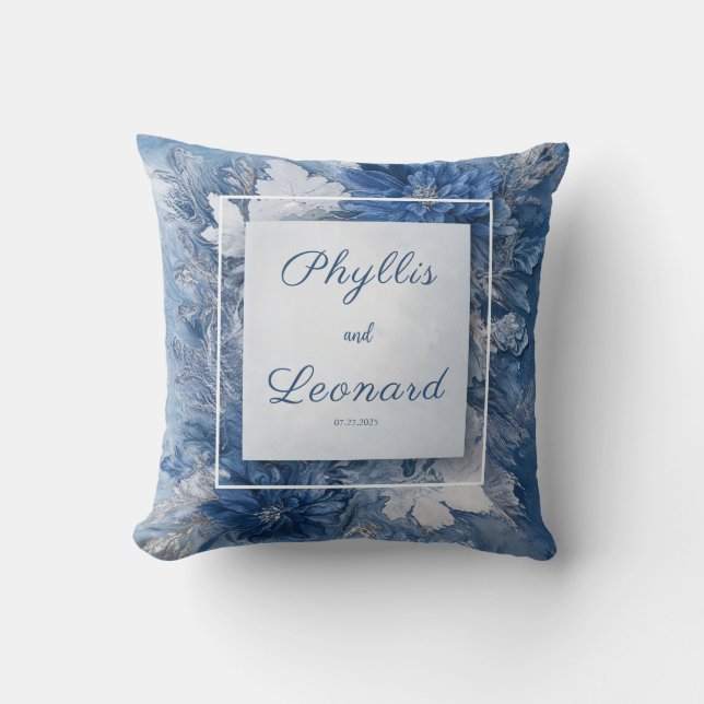 Almofada Casamento Floral de Marble Azul Elegante (Frente)