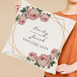 Almofada Casamento Floral Rosa Geométrico Dourado Elegante