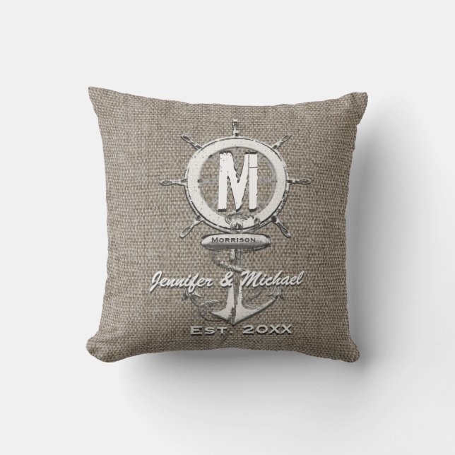 Almofada Casamento Monograma Rustic Linen Anchor (Frente)