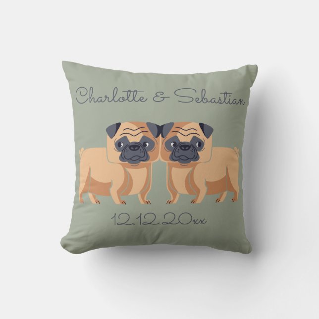 Almofada Casamento Personalizado de Dois Cães Pug (Frente)