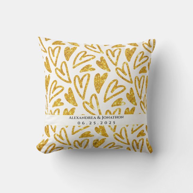 Almofada Casamento Personalizado do Coração Glitter Dourado (Frente)