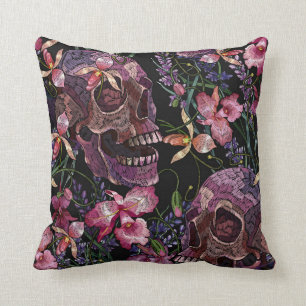 Almofada Casca humana bordados e flores cor-de-rosa-orquíd