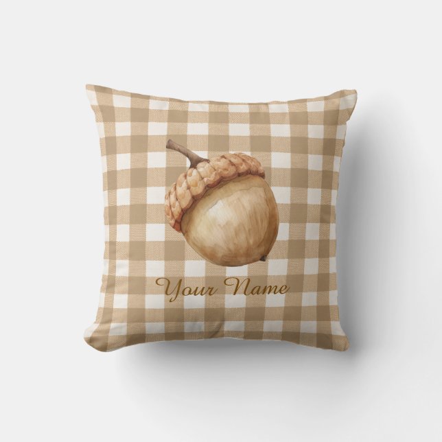 Almofada Castanho Gingham Personalizado de Outono Rústico  (Frente)