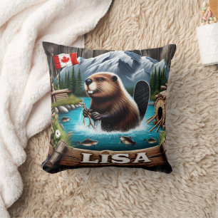 Almofada Castor Canadiano Na Montanha Próxima Em Um Lago