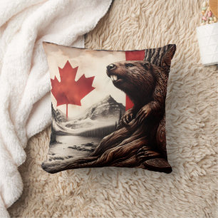 Almofada castor em uma árvore com bandeira canadense e mont