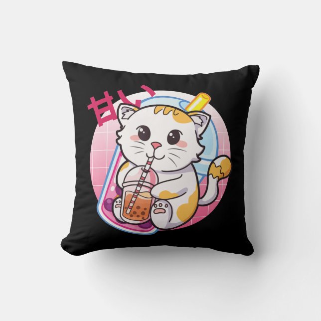 Almofada Cat Boba Tea Bubble Tea Cat Anime Kawaii Nek (Frente)
