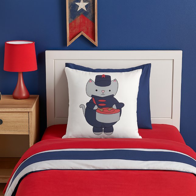 Almofada Cat Marching Band Drummer Navy Blue Red (A throw pillow featuring a gray cat playing the drums in a navy blue & red marching band uniform.)