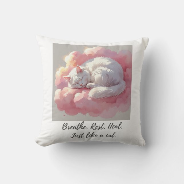 Almofada Cat Throw Pillow – Breathe. Rest. Heal. (Frente)