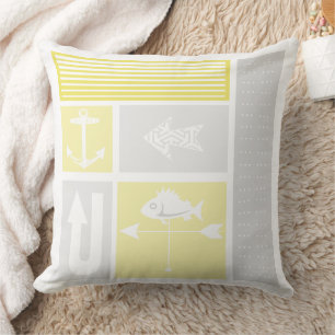 Almofada Cata-Vento de Peixe Âncora Náutica Cinza Amarelo