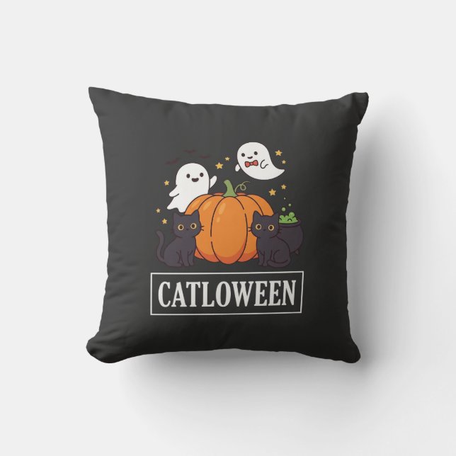 Almofada Catloween Design Divertido de Gato de Halloween Fa (Frente)