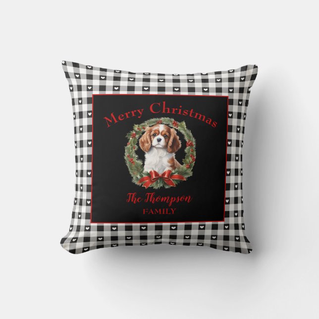 Almofada Cavalier Charles Christmas Gingham Family Name (Frente)
