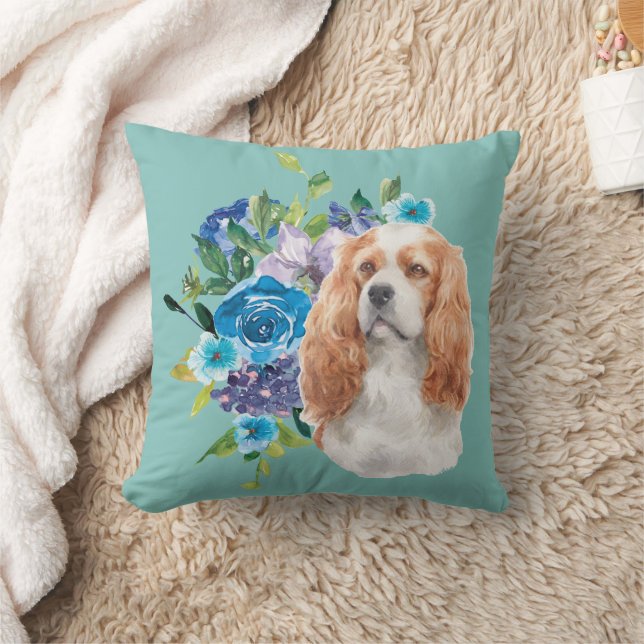 Almofada Cavalier King Charles Spaniel Dog Blue Floral (Cobertor)