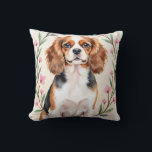 Almofada Cavalier King Charles Spaniel Watercolor Floral<br><div class="desc">A charming Cavalier King Charles Spaniel portrait in a soft watercolor style with a delicate floral vine background. This design captures elegance,  warmth,  and affection—perfect for dog lovers and cozy decor.</div>