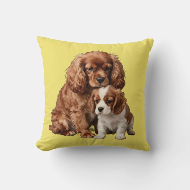 Almofada Cavalier Spaniel Ruby e seu filhote Blenheim (Frente)