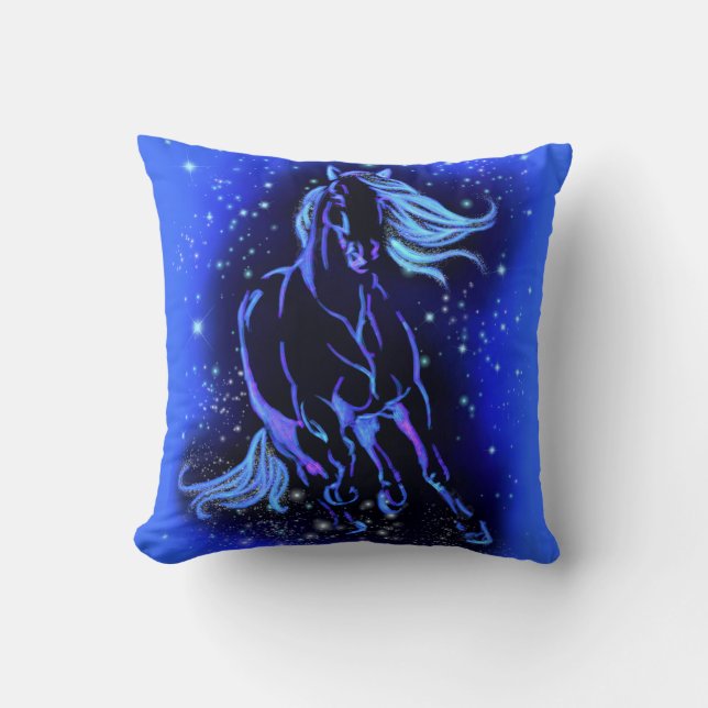 Almofada Cavalo Azul Neon Correndo À Lua À Noite Estrelada  (Frente)