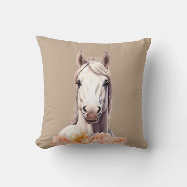 Almofada Cavalo Bonito e Flores Rosas em Bege (Frente)