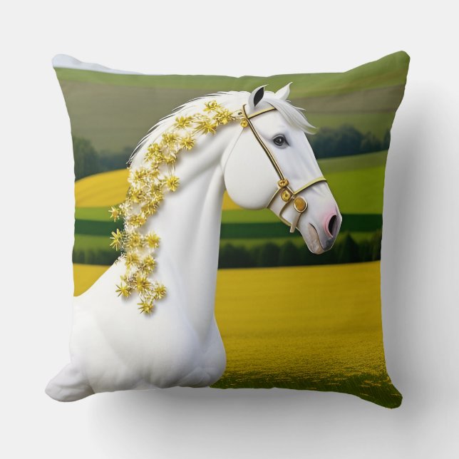 Almofada Cavalo Branco com Grinalda Floral (Frente)